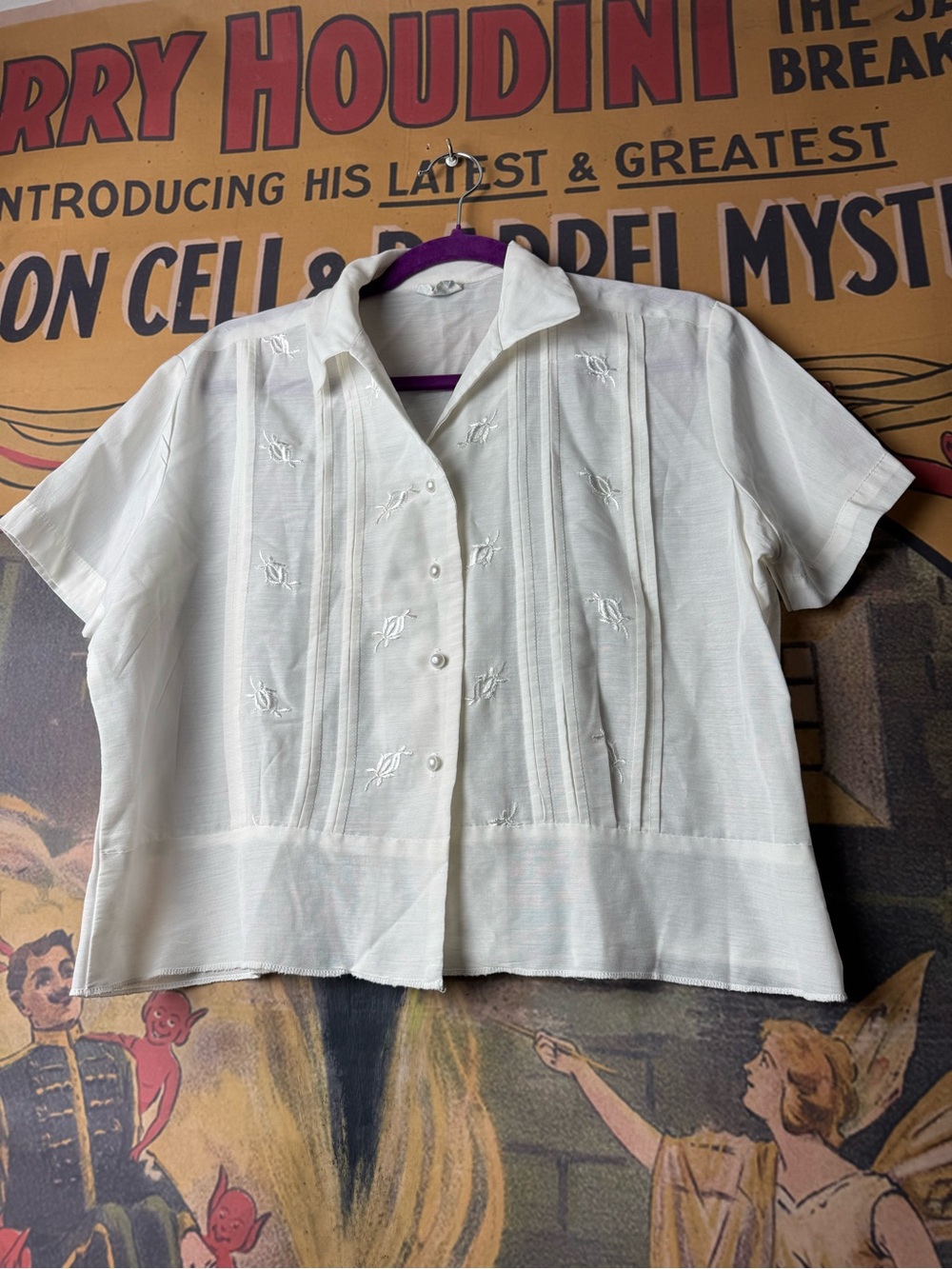 Vintage Lightweight Embroidery White Button Down Blouse